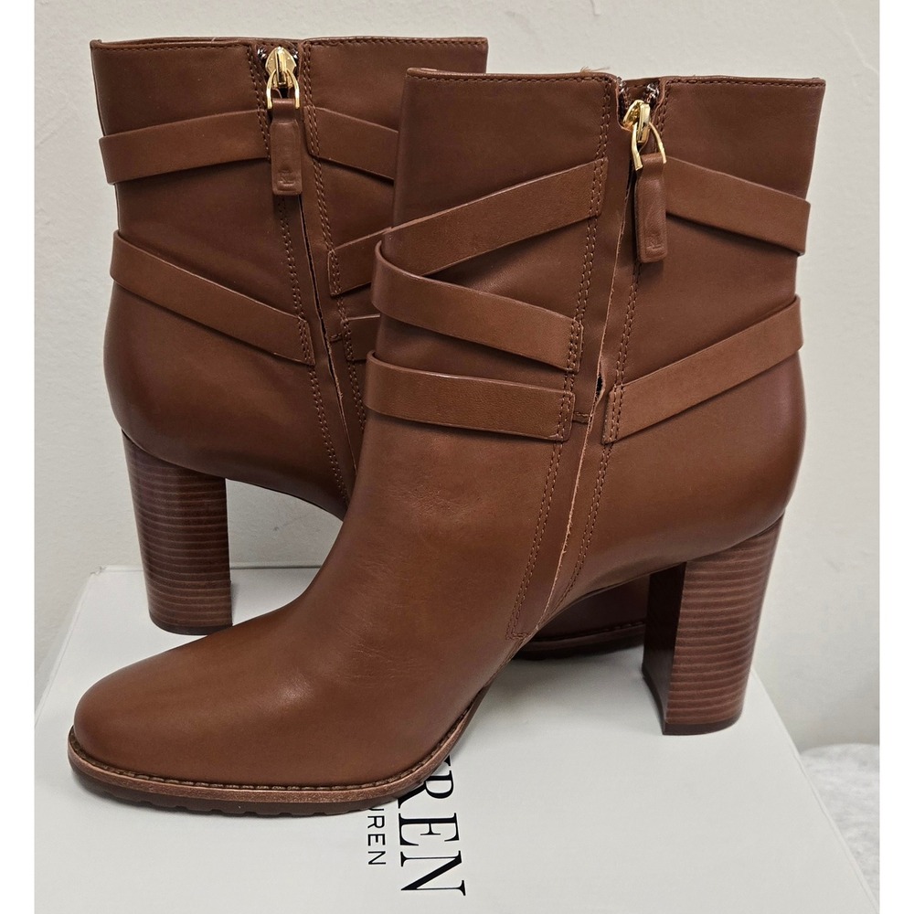Lauren Ralph Lauren Collins Tan Leather Ankle Boots Strappy Block Heel Size 11 B